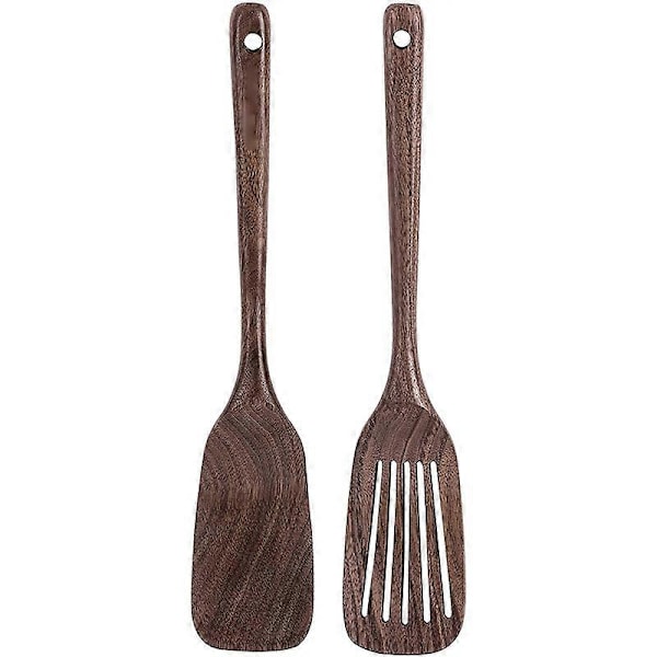 Träspatel & Spatel med slits för matlagning, Svart Valnöt Långt Handtag Trä och Spatel med slits för Non-Stick Kokkärl