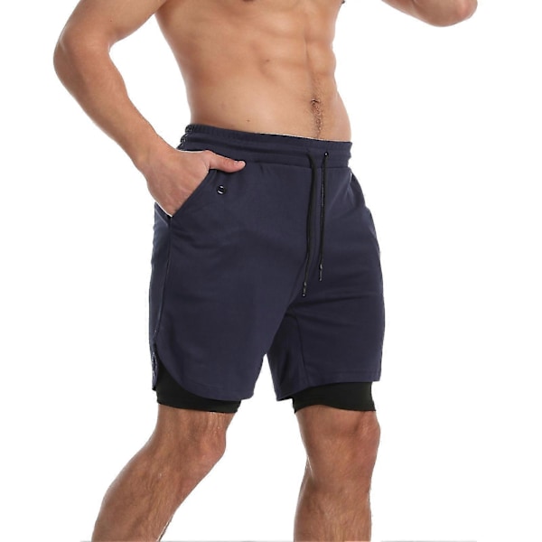 2-i-1 treningsshorts for menn, hurtigtørkende, lette atletiske gymshorts med kompresjonsliner - Marineblå L