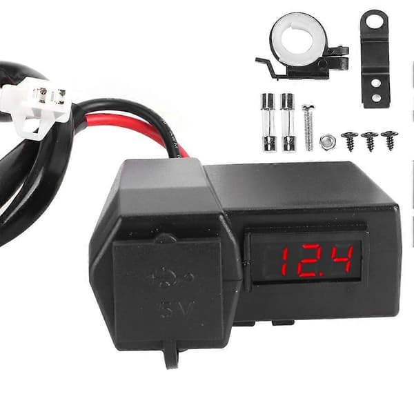 Universal Motorcykel Dubbel USB Laddare Uttagsadapter med Voltmeter Display Röd