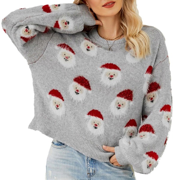 Dame Julemands Strikket Sweater Rund Hals Langærmet Sjov Pullover til Efterår Vinter Grå L