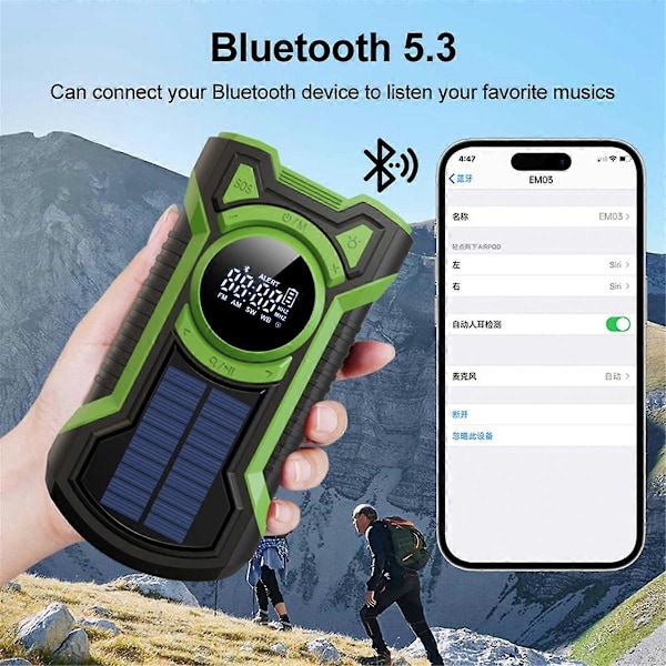 Håndsveiv Solcelle Radio Bærbar AM/FM/ Værradio med LED Lommelykt Bluetooth 5.0 Høyttaler Nødradio-B