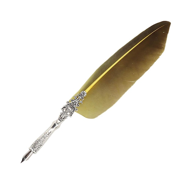 Vintage Retro Fjer Dyb Pen Legering Nib Kalligrafi Skrive Pen Gave med Æske (Gul)