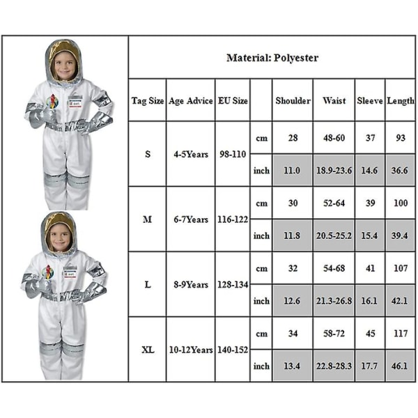 Astronautdräkt för barn, NASA rymddräkt för pojkar flickor unisex, rymd utklädnad cosplay set M