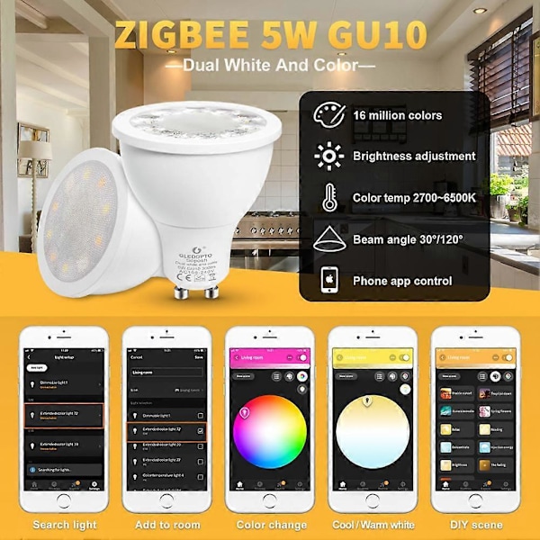 GLEDOPTO 120 Grader 5W Zigbee APP Kontroll GU10 RGB+CCT LED Spotlight Lampa Glödlampa TSUNDEAU