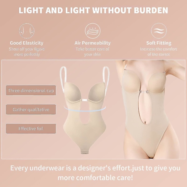 Tflycq Dam Djup V-ringad Kroppsformare Axelbandslös Rygglös Body Shapewear Beige M
