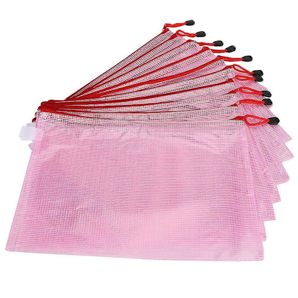 10 stk. Mesh Glidelåspose A4 Filmappe PVC Transparent Informasjonspakke Dokumentorganisator Lys Rosa