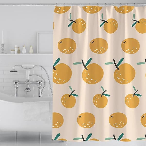 Orange duschdraperi, tecknade frukter överallt, rund citrus med blommor