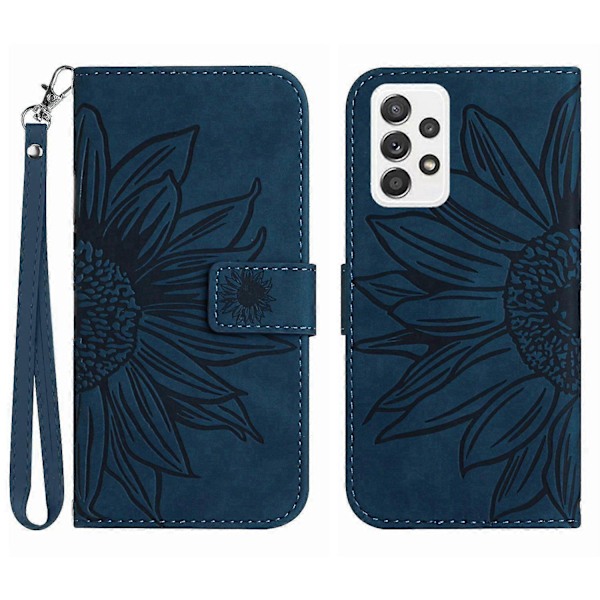 Samsung Galaxy A73 5G HT04 -kotelo, keinonahkaa, läppämalli, painettu auringonkukka, jalusta Dark Blue