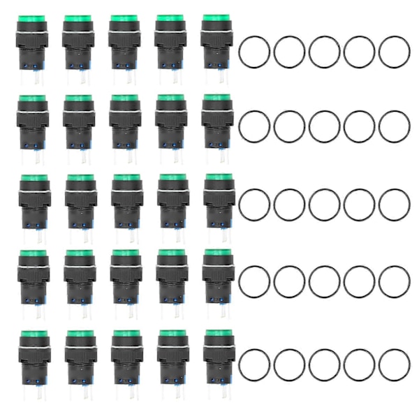 25 st Tryckknapp Momentan Självlåsande 5 Stift 16mm med Lampa 24V Set Kit för Utrustning Grön