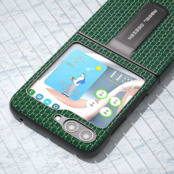 Lyxigt texturerat fodral med stativ i äkta kohudläder + PC-skal för Samsung Galaxy Z Flip5 5G Green