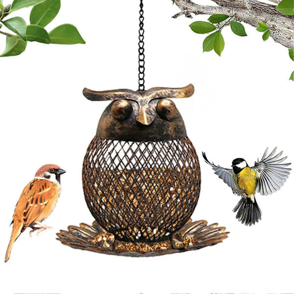 Ulkokäyttöön tarkoitettu villilintujen ruokintalaite, pöllömuotoinen riippuva kolibrin ruokintalaite koukulla, metalliverkko lintujen ruokintalaite ulkokäyttöön, pihalle, parvekkeelle, puutarhakoristeeksi