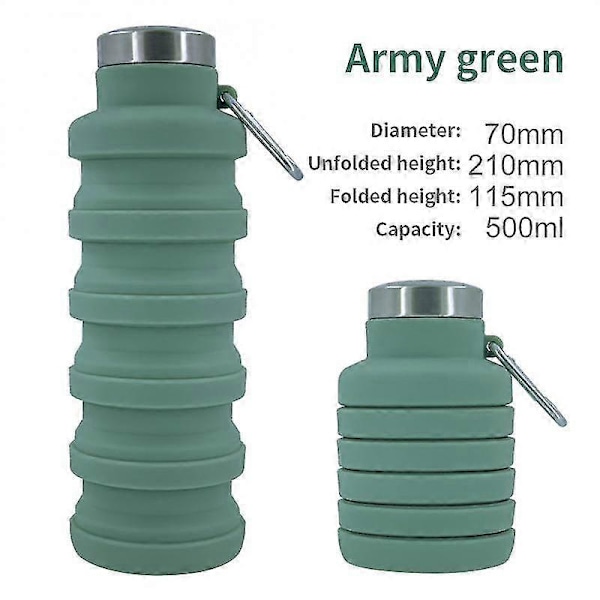 Hopfällbara Vattenflaskor, Återanvändbara Hopfällbara Vattenflaskor i Silikon, Bärbara Reseflaskor Läcksäkra Army green