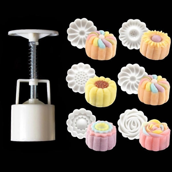 1 stk. stempel + 6 stk. stempler 3D Rose Blomst Månekakeform Håndtrykk DIY-verktøy