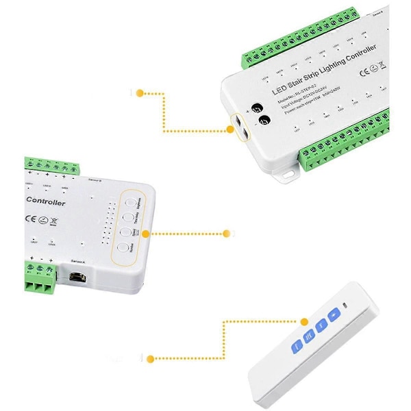 28 Trin Trappe Belysningscontroller med PIR Bevægelsessensor 28 Kanaler Trappe Strip Lysdæmper DC12V 24V til Hjemmetrappe