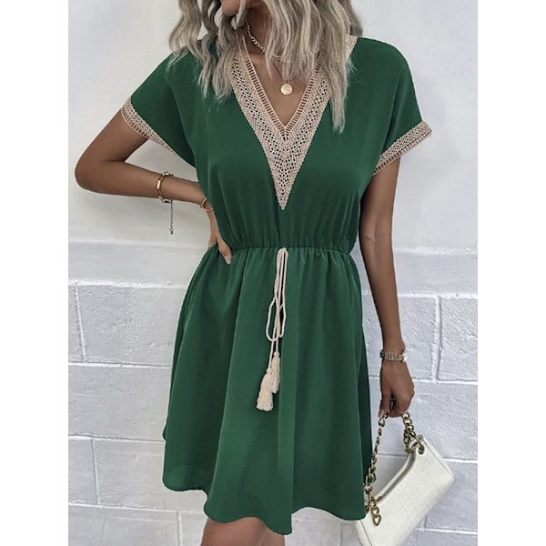 Dam Vintage Mini Klänning Sommar Mode Enfärgad V-ringad Lös Knytklänning EA04632-Red M