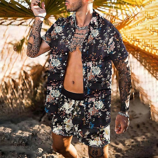 Herr Hawaiiskjortor och Shorts Set Kortärmad Normal Passform Funky Strandskjortor Kostymer Blomma Sommarfest S