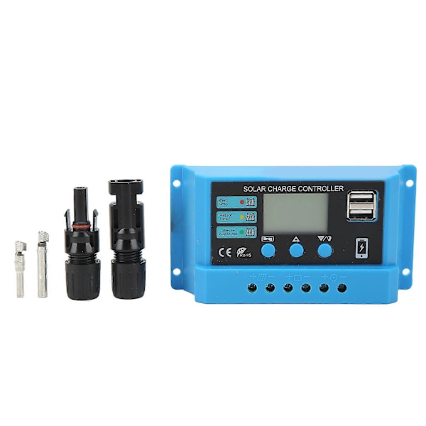12V 24V Solpanel Controller LCD Display Fotovoltaisk Ladecontroller med Stik Blå 30A