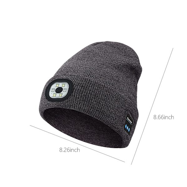 Bluetooth Mössa med Lampa, Unisex USB Uppladdningsbar 6 LED Pannlampa Mössa med Trådlösa Hörlurar Gray