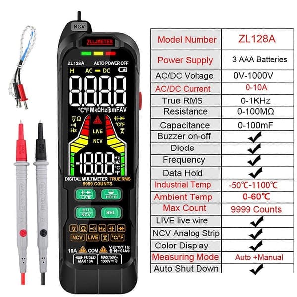 Smart Multimeter Digital AC DC Strøm Spændingsdetektor Pen Kapacitans Temp Auto Range Tester Multimeter ZL128A