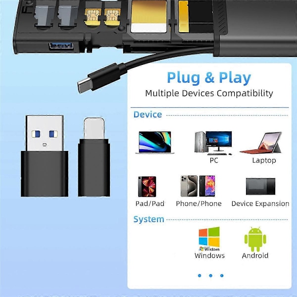 13 i 1 USB Type C OTG Adapter Multifunksjonell Datakabel SIM KIT TF Kort Minnekortleser Oppbevaringsetui Holder