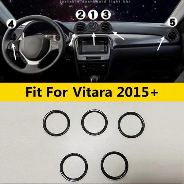 5 st Instrumentbräda Luftkonditionering Utloppsventil Ring Skydd Trim ABS Kolfiber Interiör Kit för Vitara 2015-2020