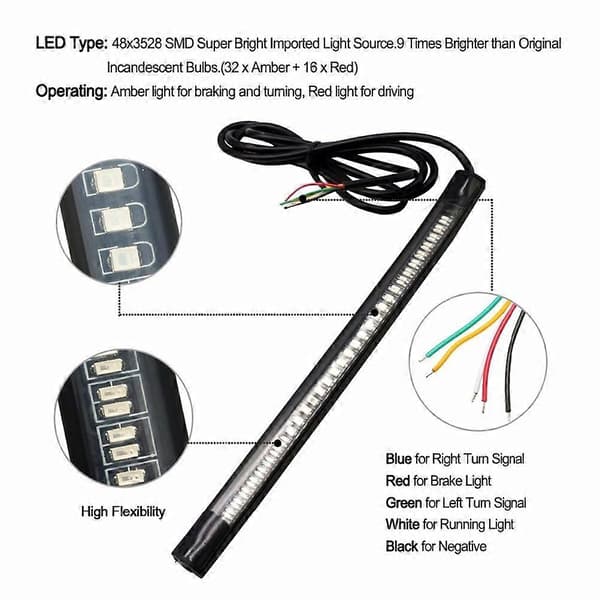 48SMD LED Motorcykel Lysstribe Til Baglygte Bremselys Blinklys