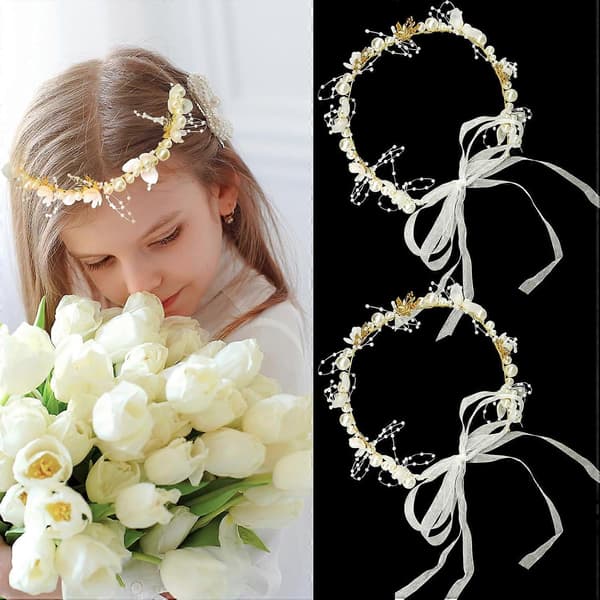 2 st Hårprydnader för blomsterflicka, Kronpannband med pärlor, Blomsterkronor, Håraccessoar för bröllopsfest (Silver)