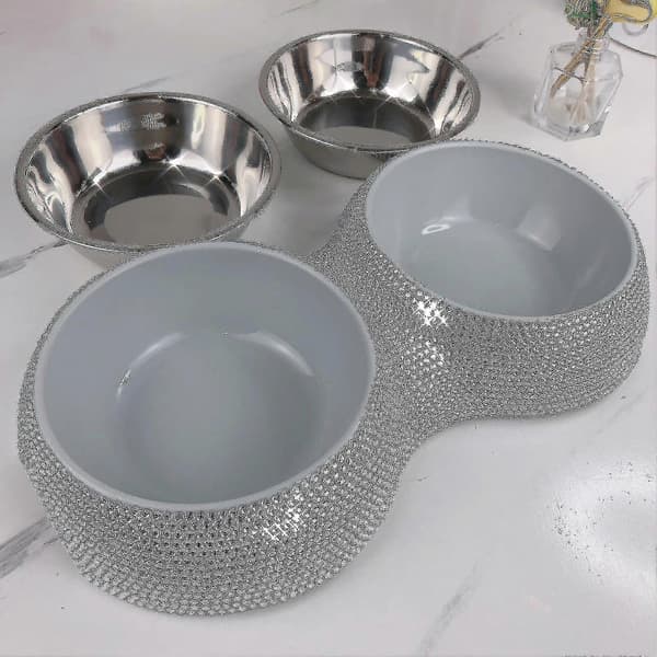 Rhinestone Hundeskåler Rustfritt Stål Dobbel Matmater Kjæledyr For Valper Silver