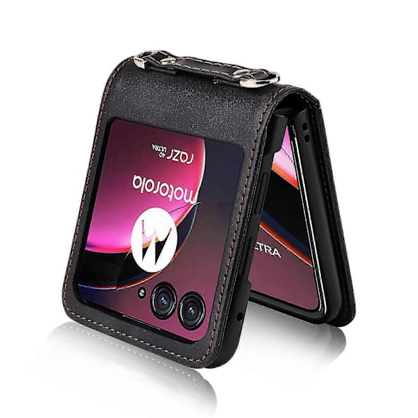 För Motorola Razr 40 Ultra 5G Hårt PC + PU Läderfodral Design i ett stycke Kortplatser Telefonfodral med Snodd s202412121171 Black