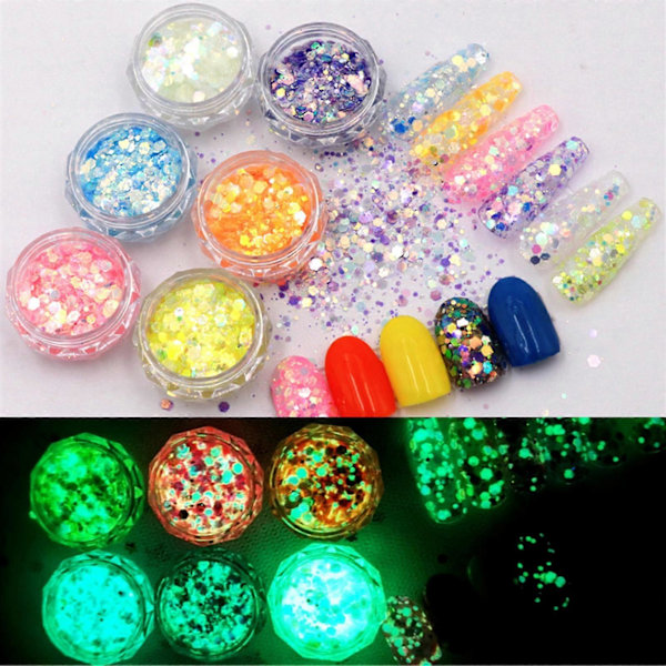 6 Lådor/Set Nagelbitar Självlysande Försköna Naglar ABS Mode DIY Manikyr Ljusande Paljetter för Skönhet QinHai