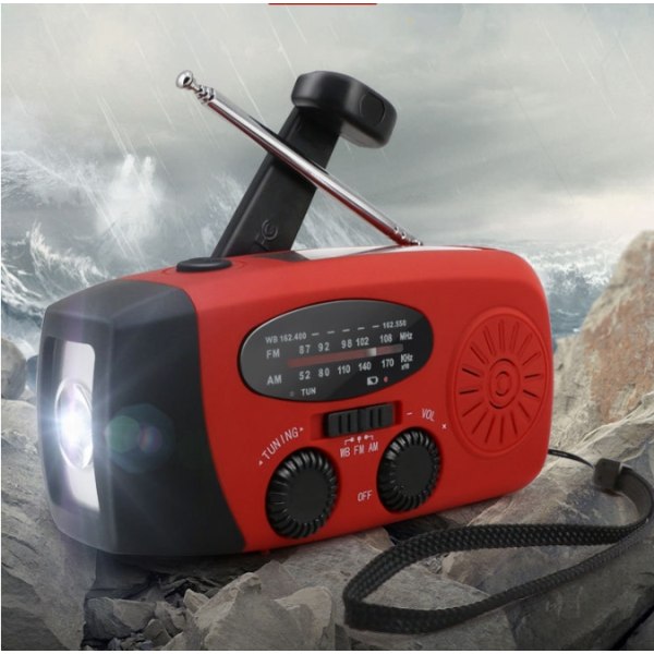 Multifunktionell Solradio Handdriven Vevradio/Nödradi och Powerbank med Tändstift och Solladdare - 2000Ah red