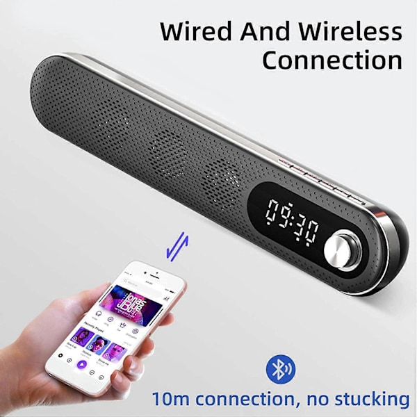 Langaton USB Pöytä Bluetooth Kaiutin Soundbar Yövalolla Herätyskello FM Lämpötila PC TV Tietokone Kotiin, Musta