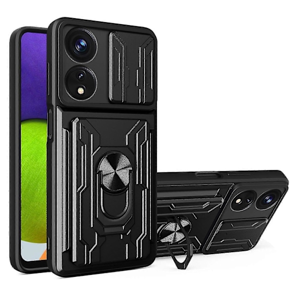 Skal med skjutbart kameraskydd, stativ och korthållare för Oppo A78 5G/A58 5G Black