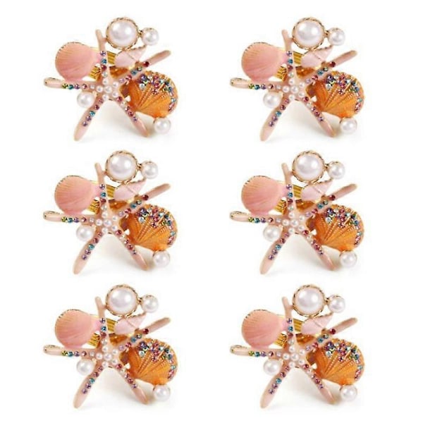 6 stk. Servietringe med Søstjerner, Perle Rhinestone Ocean Coastal Nautiske Servietringholdere Servietspænde til, Pink