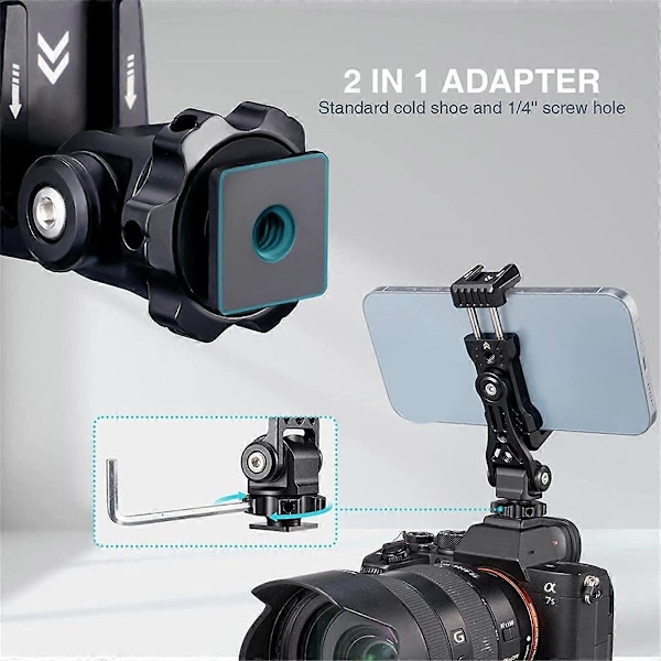 Stativmonteringsklemme Metal Telefonholder med Cold Shoe Arca 360 Roterbar til Live Fotografering til Dslr