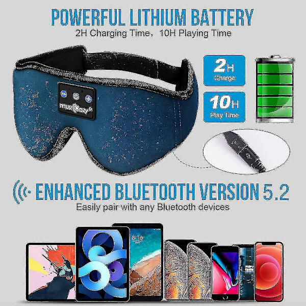 3D Bluetooth Unimaski, langattomat nukkumiskuulokkeet musiikkikorvanapit silmämaski kylkinukkujille miehille, naisille, tytöille, erittäin pehmeät ohuet kaiuttimet SININEN