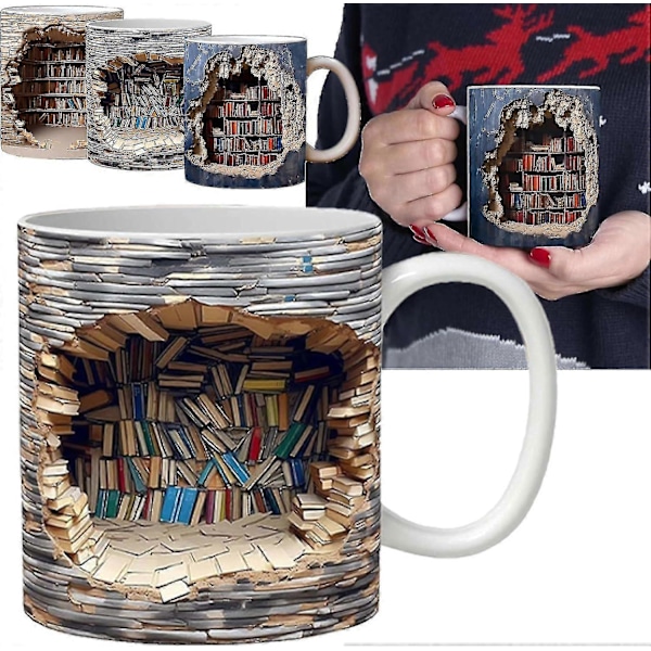 3D Bogreol Nyhed Kaffekrus Til Læsere, 3D Visuel Effekt Keramisk Krus Bogorm Kaffekrus Julegaver Til Bogelskere C