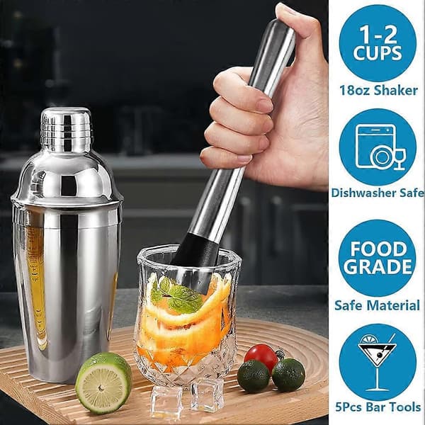 5-delt Cocktail Shaker Sett Sil Jigger T-Mikseskje Muddler Bartender Kit Rustfritt Stål Barsett