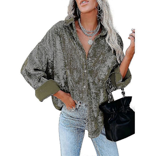 Dam Corduroy Skjorta Knäppning Casual Varm Långärmad Jacka Blusar Toppar XL