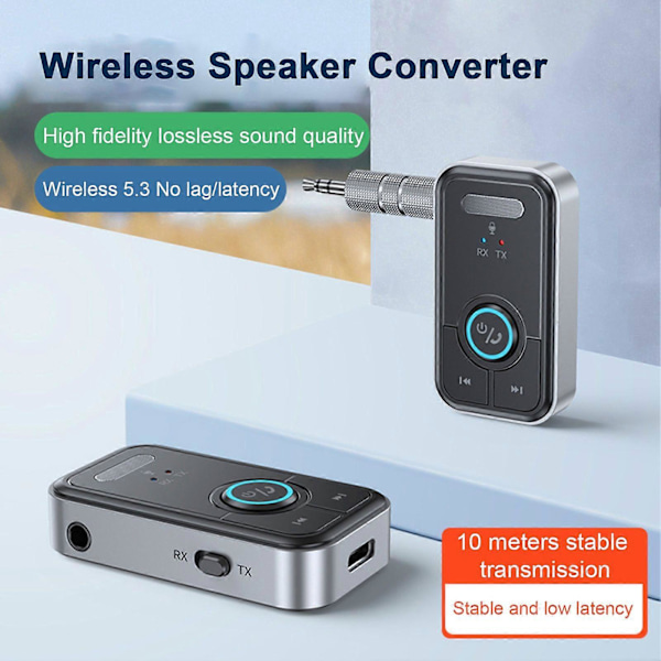 Adapter Lydmottaker Sender 2-i-1 Innebygd MIC Lav Latens HiFi Lyd med 3.5mm Grensesnitt Bluetooth-Kompatibel 5.3 Lydkonverter