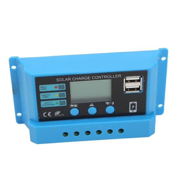 12V 24V Solcellepanel Kontroller LCD-Skjerm Fotovoltaisk Ladekontroller med Koblinger Blå 30A