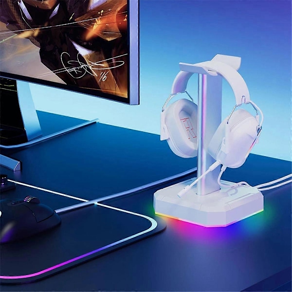 Hörlursfäste Displayställ RGB Bakgrundsbelysning Huvudmonterad Ställhållare Skrivbordsorganisatör Vertikal Fäste Hängare, Vit