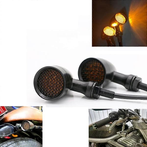 Motorcykel Sort Retro LED Blinklys Bremselys Mesh Grillt Amber Linse Passer 10mm Bolt til