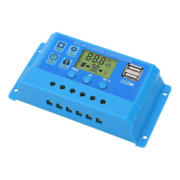 Solar Laderegulator PWM LCD-skjerm Parameter Justerbar 2 USB Solar Laderegulator Blå 12V 24V