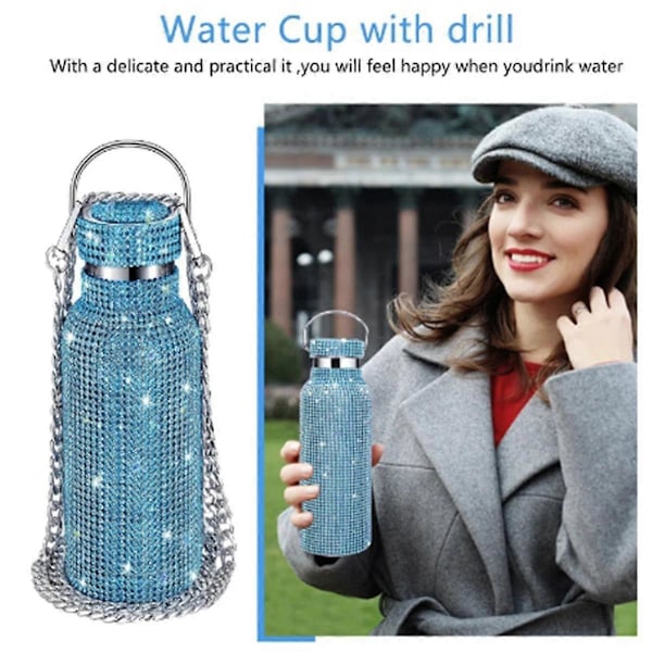 Diamond Rostfritt Stål Vattenflaska Portabel Glitter Rhinestone Vattenflaska Crossbody Bling Termosflaska 600ml F
