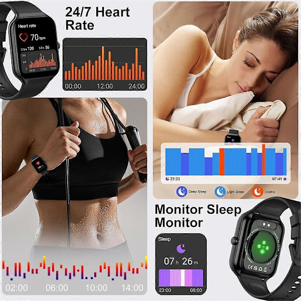 Smartklocka med puls-/sömnövervakning/stegräknare, 113+ sportfitnessmätare, IP68 vattentät klocka för Android IOS A