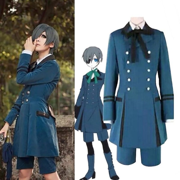 Ny svart Butler Kuroshitsuji Ciel Phantomhive Cosplay Kostym Aldult Aristocrat Blå Dubbelknäppt Lapel Uniform Set Och Peruker woman L