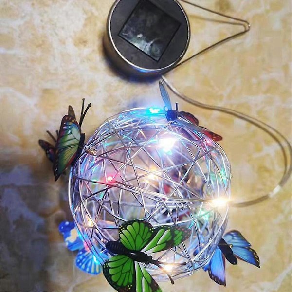Trädgård Hängande Rund Boll Lampa med Fjäril med Vävd Lampa Solar Dekorativ Nattlampa Utomhus Dekorativ Metall B