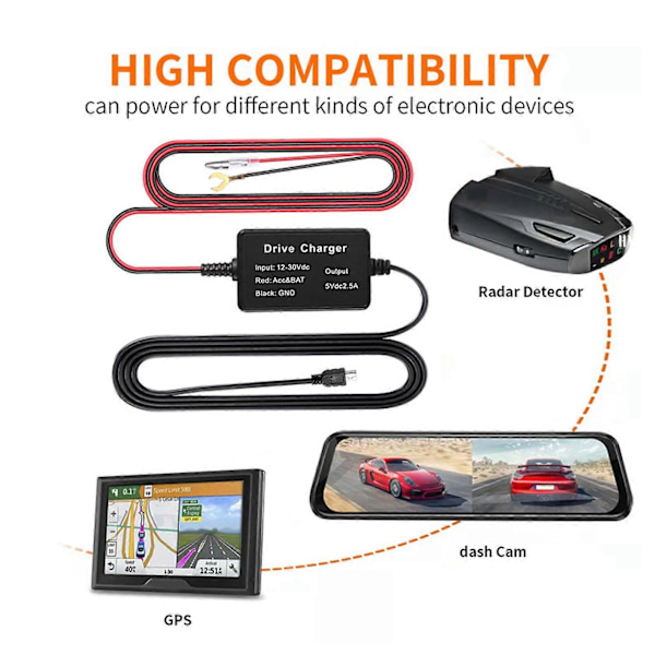 Dashcam Hardwire Kit 12V?30V till 5V 11.6V Lågspänningsskydd Överhettningssäker Dashcam Strömkabel Laddare Hardwiring Set