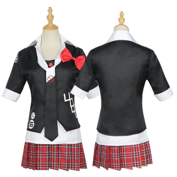 Anime Danganronpa Cosplay kostym Enoshima Junko Uniform Cafe Arbetskläder Kort kjol Dubbel svans flätad peruk